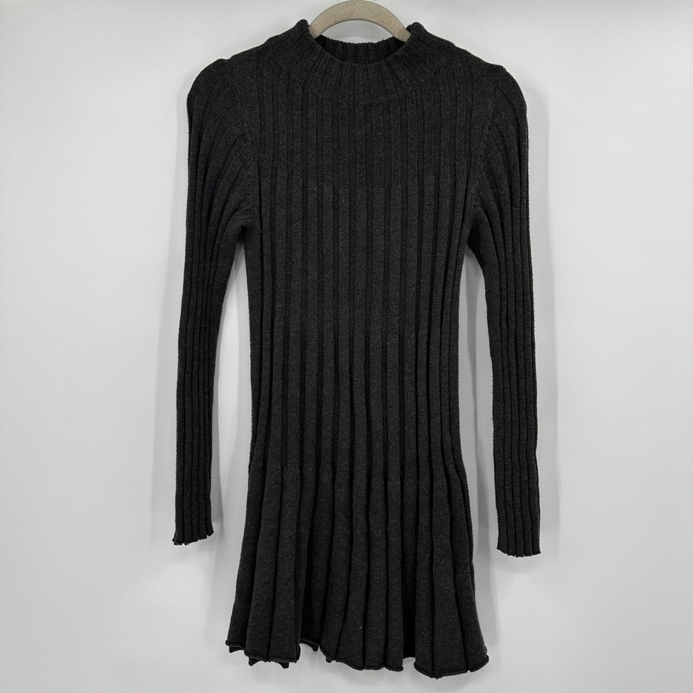 Rosie Neira Ribbed Mock Neck Sweater Dress Flared Skirt Charcoal Gray Medium